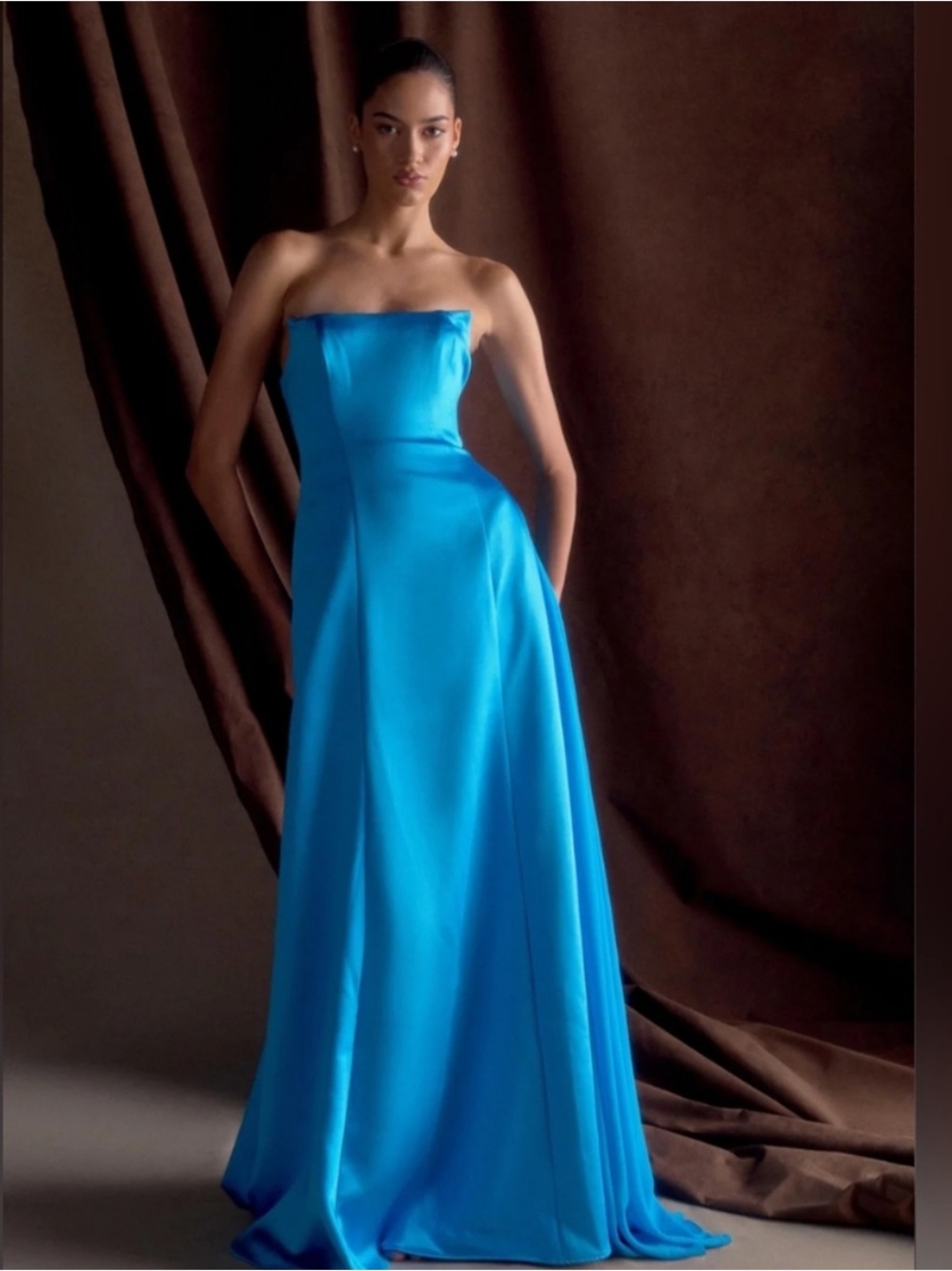NWT Meshki Dress Rosella Maxi Gown Strapless in Satin Cyan Blue - Picture 2 of 9